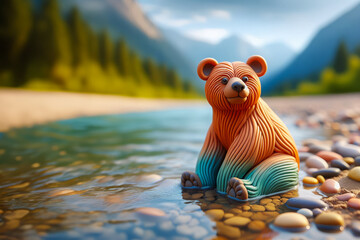 Plasticine bear on the river,  blurred nature landscape background.