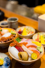Japanese sashimi rice don in the restaurant - 775157641