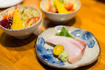 Slice of the sashimi fish in the Japanese restaurant - 775157807