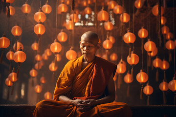 A Buddhist monk engages in prayer and meditation within a temple illuminated by hanging lanterns