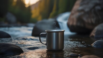 Metal mug with hot tea on a small mountain forest stream, waterfall. ecological purity of mountain nature.