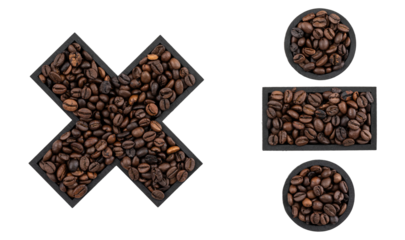 Multiplication and division sign made of coffee on a transparent background.