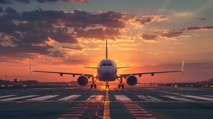 Commercial Airplane on Illuminated Runway at Sunset with Dramatic Orange Sky