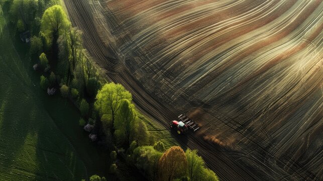 an aerial perspective captures a farmland in full bloom, with a tractor diligently working the fields, rendered in high-quality, high-detail photography.