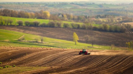 an aerial perspective captures a farmland in full bloom, with a tractor diligently working the fields, rendered in high-quality, high-detail photography.