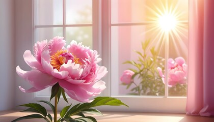 Pink peony flower and window with sun light copy space blurred background, AI Generated  - Powered by Adobe