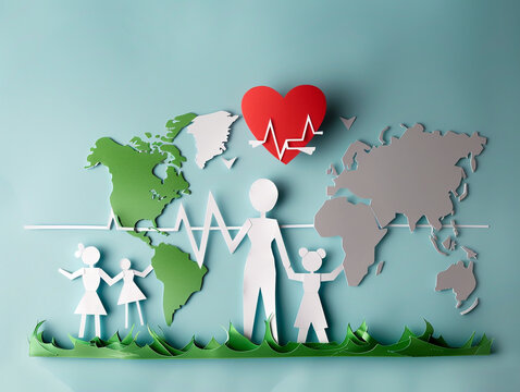 World Heart Day concept in paper cut style. A family holding hands standing on heartbeat line together with earth and heart. 