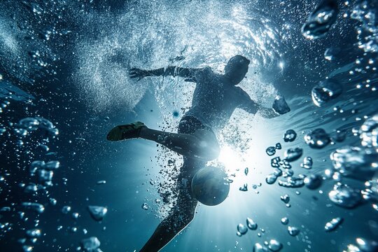 Dynamic underwater view of a soccer player kicking a ball, surrounded by bubbles.