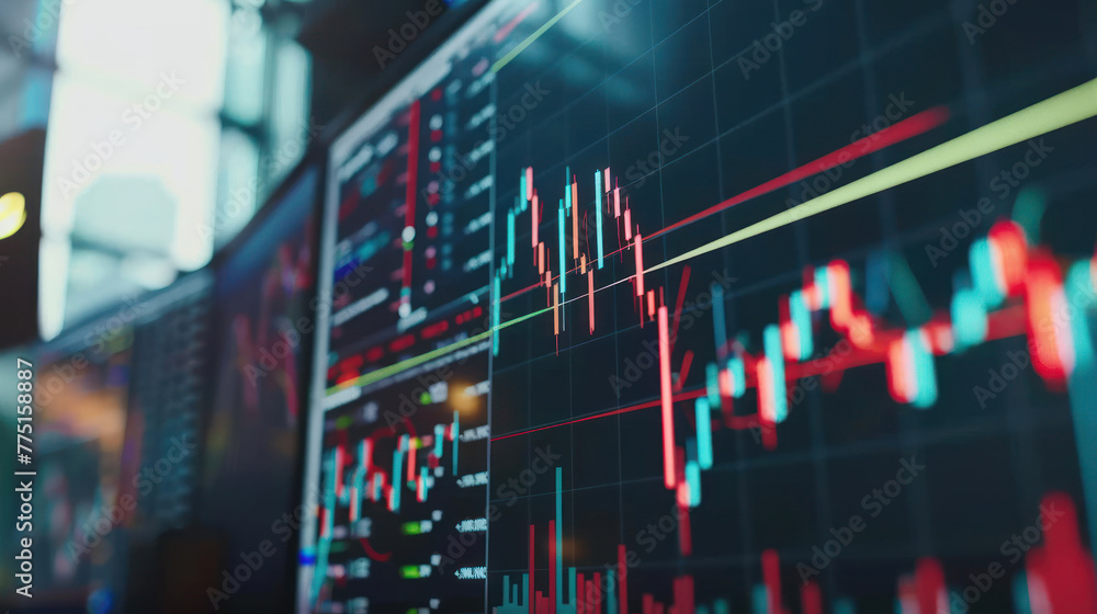 Poster image of a large screen at a public place showing dynamic tracking of stock market activities