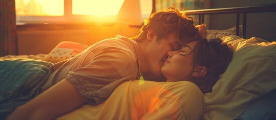 Naklejka premium Two people sharing a kiss in bed