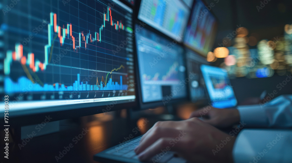 Poster close-up view of a financial analyst interacting with a complex trading interface on a digital scree