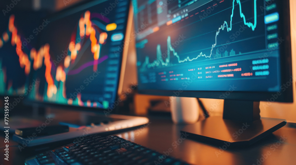 Poster detailed view of a computer monitor showing vibrant financial graphs and stock market data for analy
