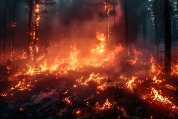 Wildfire engulfs vast forest expanse in flames - obrazy, fototapety, plakaty