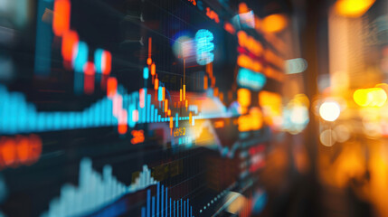 Focused image of trading graphs on blurry displays with city lights in the background suggesting global finance - 775159479