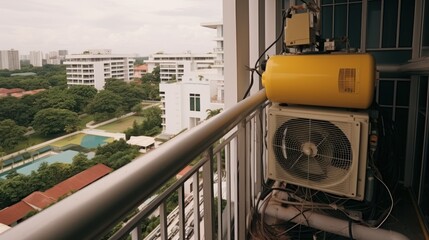 Hanging Air compressor at the balcony of rooms in Condominium, works by The coil controls the evaporation - obrazy, fototapety, plakaty
