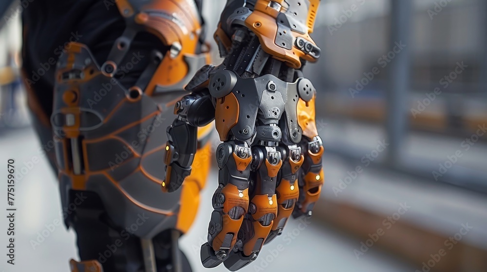 Poster a robot with orange and gray limbs stands in front of a wall. the robot's design is futuristic and m