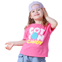 Portrait of a beautiful kid girl in cap smiling looking happiness on white background isolation