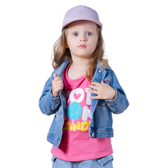 Portrait of a beautiful kid girl in cap and jeans jacket surprised amazed on white background isolation