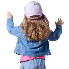Portrait of a beautiful kid girl in cap and jeans jacket happiness, hands raised up on white background isolation. back rear view