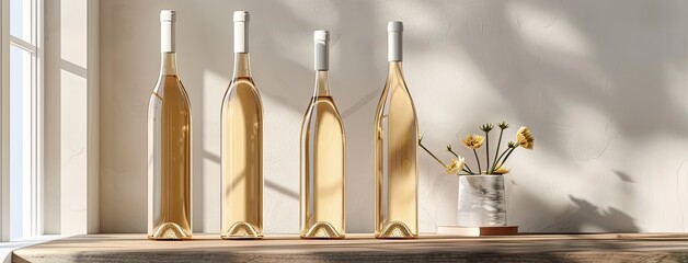 white wine as unlabelled bottles stand tall, their smooth surfaces reflecting light, evoking a sense of sophistication and refinement. - obrazy, fototapety, plakaty