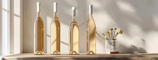 Fotobehang white wine as unlabelled bottles stand tall, their smooth surfaces reflecting light, evoking a sense of sophistication and refinement. © lililia