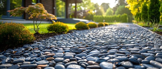 Eco-friendly Permeable Driveway and Walkway for Sustainable Water Drainage Solutions. Concept Sustainable Driveways, Water Drainage Solutions, Eco-friendly Landscaping, Permeable Surfaces - obrazy, fototapety, plakaty