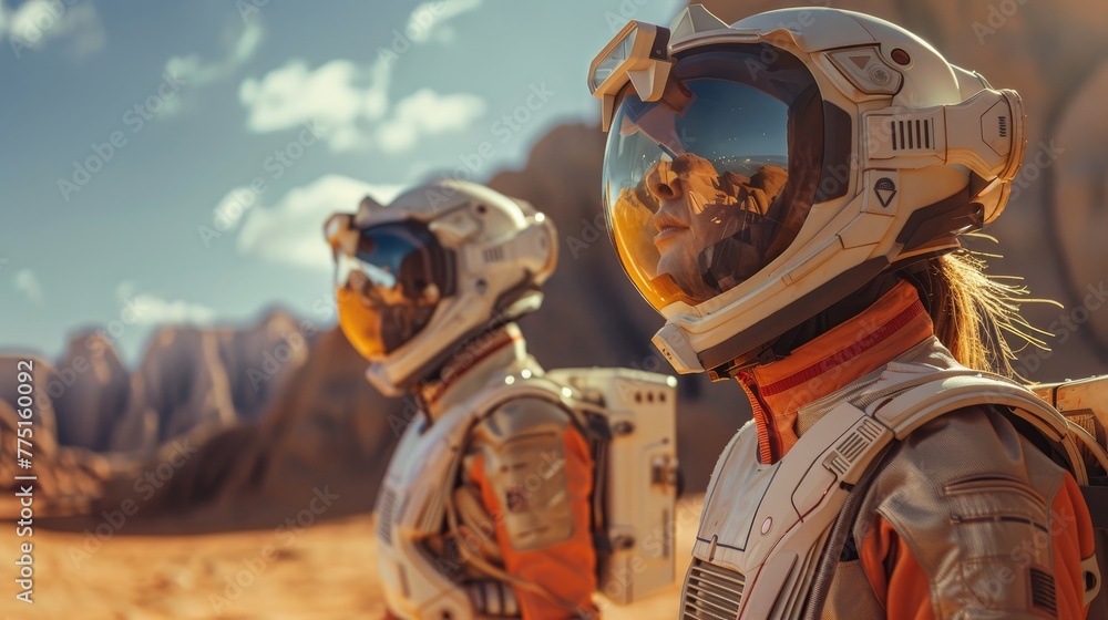 Poster two astronauts in space suits stand in front of a mountain. the scene is set in a desert-like enviro
