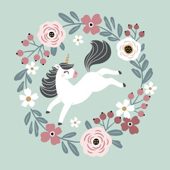 Cute hand drawn vector unicorn in wreath. Perfect for tee shirt logo, greeting card, poster, invitation or print design.
