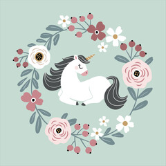 Cute hand drawn vector unicorn in wreath. Perfect for tee shirt logo, greeting card, poster, invitation or print design.
