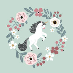 Cute hand drawn vector unicorn in wreath. Perfect for tee shirt logo, greeting card, poster, invitation or print design.
