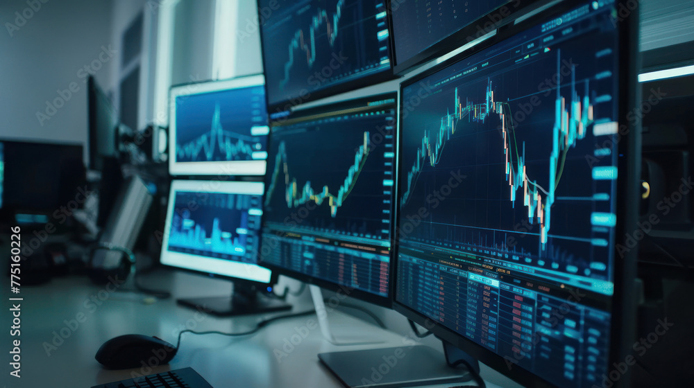 Poster an analytical view of real-time stock exchange data on a series of monitors at a professional tradin