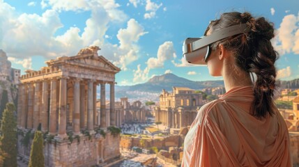 A woman wearing a VR headset stands in front of a large building. The scene is set in a city with a beautiful view of the building