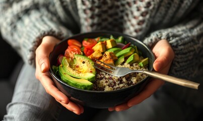 Woman in a grey sweater eating a healthy salad bowl with avocado, quinoa and vegetables 