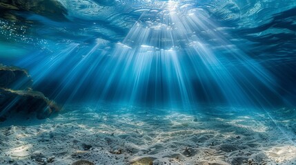 Seabed scene with light rays passing through the water