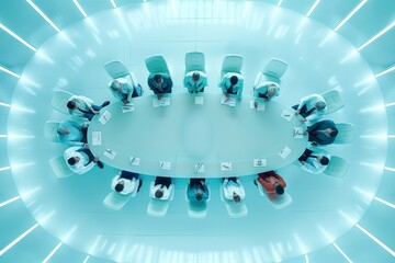 Top view of a group of executives gathered around an oval table.