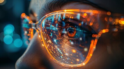 A woman's face is reflected in a pair of glasses with a bright orange tint. The glasses are designed to create a futuristic, sci-fi look. The woman's eyes are the main focus of the image - obrazy, fototapety, plakaty