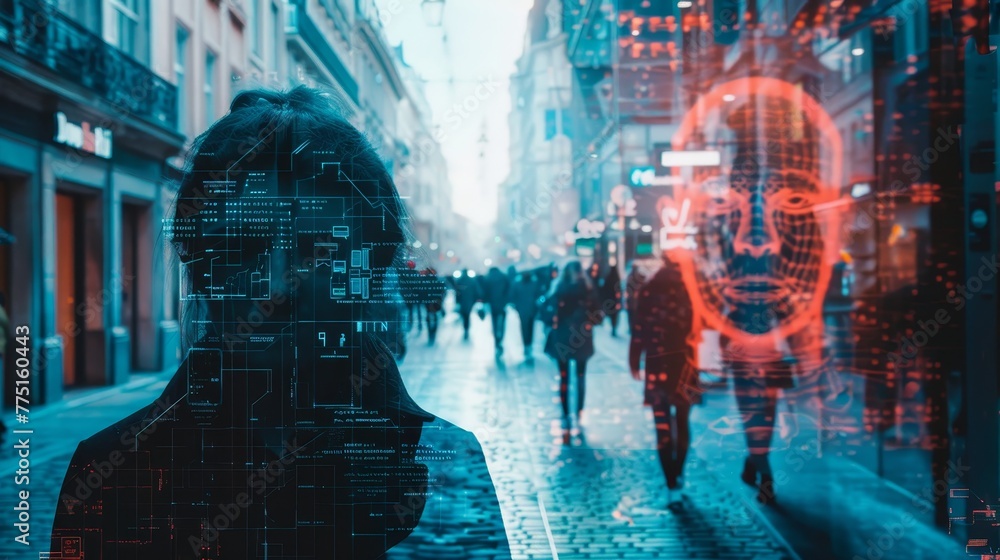 Poster a woman is standing in front of a building with a face on the window. the face is blurry and distort