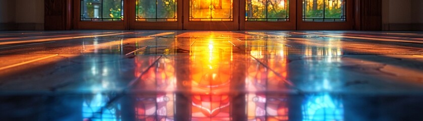 Stained Glass Window Casting Colored Light on a Church Floor The vibrant hues blend and blur