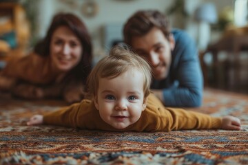 Baby Laying on Floor With Parents