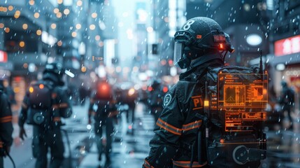 A man in a black and orange suit is standing in the rain with a backpack on. The scene is set in a city with a lot of people walking around. The man is wearing a helmet and he is a firefighter - obrazy, fototapety, plakaty