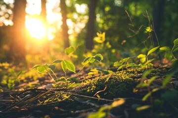 A close-up view of a forest floor highlighted by the warm glow of a setting sun