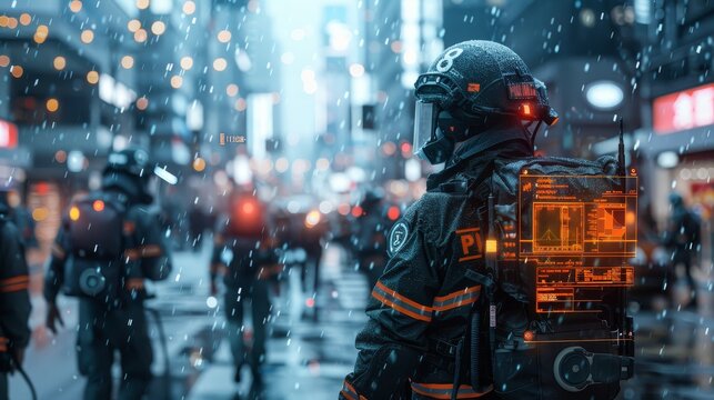 A man in a black and orange suit is standing in the rain with a backpack on. The scene is set in a city with a lot of people walking around. The man is wearing a helmet and he is a firefighter