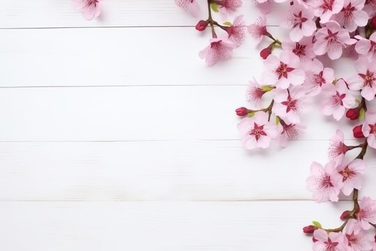 Pink cherry blossoms arranged beautifully along the top edge of a white wooden backdrop. Cherry Blossoms Over White Wooden Background