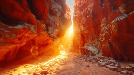 A narrow slot canyon illuminated by shafts of sunlight - obrazy, fototapety, plakaty