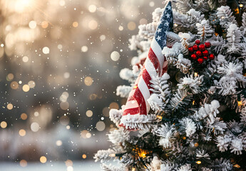 Christmas Tree Plant Snow With USA Flag
