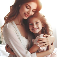 happy daughter hugging mom at home, mother's day concept
