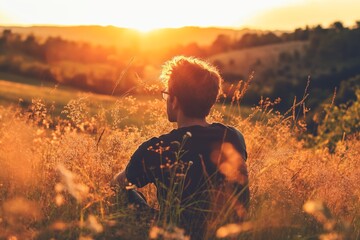 Silhouetted male figure seated in a lush field, basking in the warm, golden light of a setting sun, evoking a sense of peace and contemplation