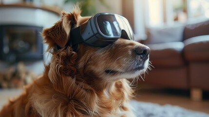 A dog wearing virtual reality goggles is sitting on a rug in a living room. The dog appears to be enjoying the experience, as it is looking directly at the camera. The room is furnished with a couch