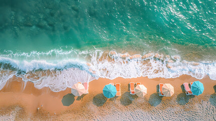 Top view of the beach with sunbeds and umbrellas with . Copy space, 
