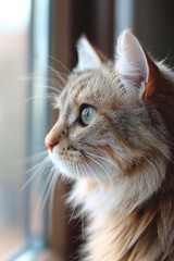 Sharp close-up of a long-haired cat's face with a focused gaze and details of its whiskers and fur texture